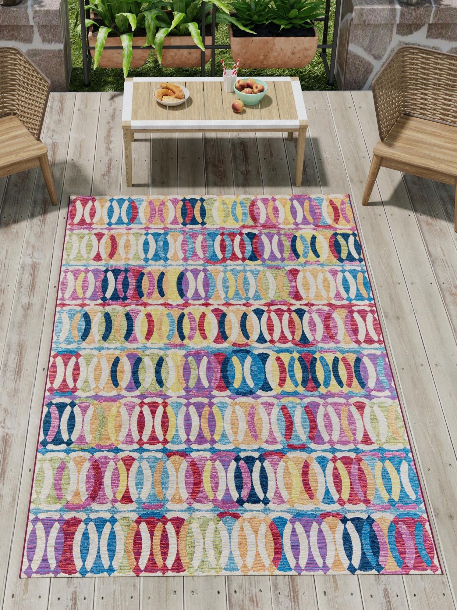Multicolor 4' 1 x 6' 1 Outdoor Modern Rectangle Area Rug Weather Resistant for Patio, Deck, Terrace, Balcony, Porch 100% Polypropylene Modern Outside Carpet for Sale at Rug Engine