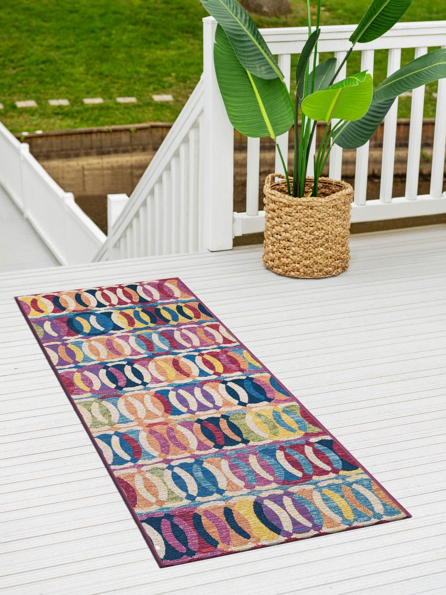 Multicolor 2' 7 x 10' Outdoor Modern Runner Area Rug Weather Resistant for Patio, Deck, Terrace, Balcony, Porch 100% Polypropylene Modern Outside Carpet for Sale at Rug Engine