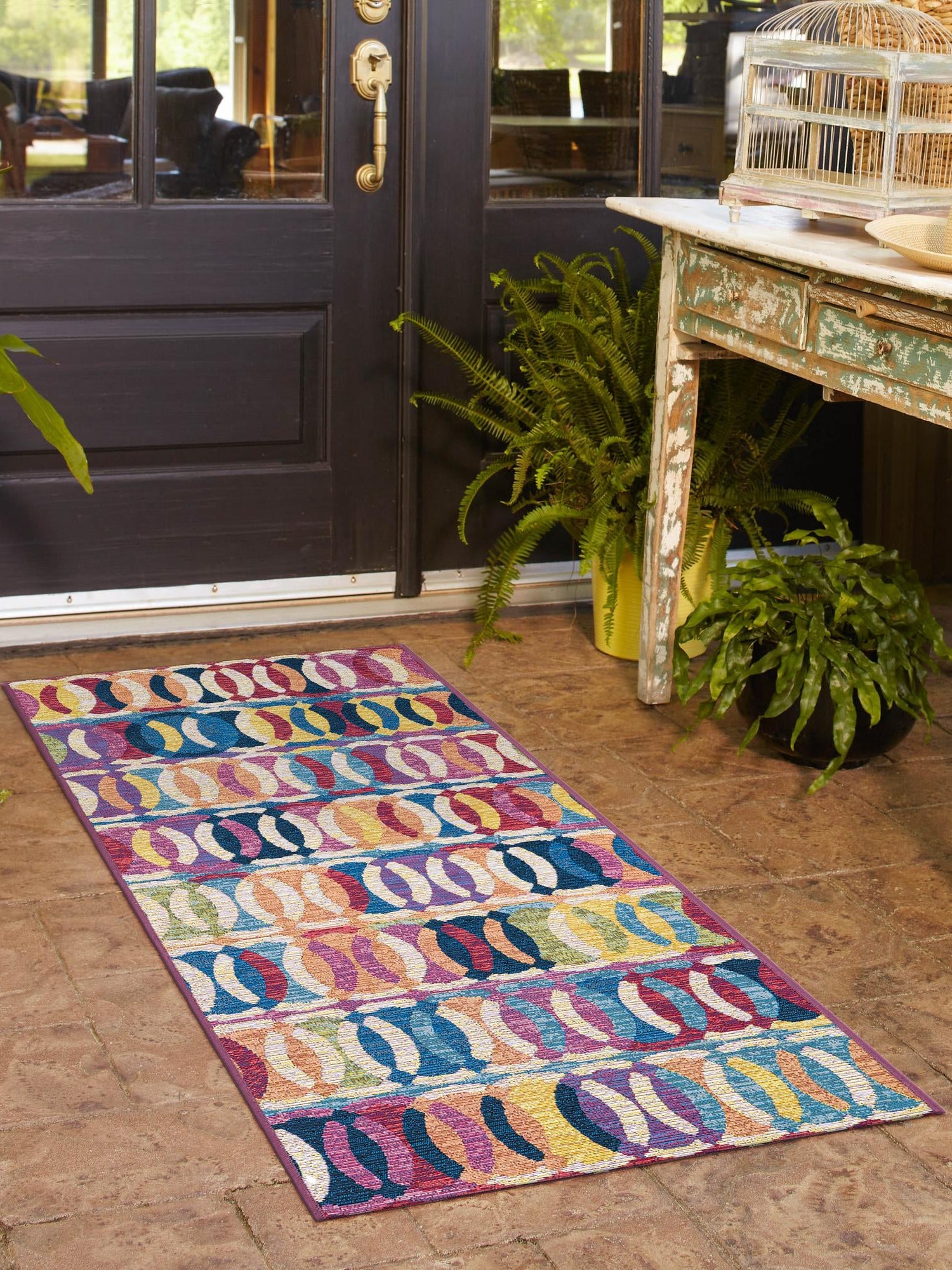 Multicolor 2' 7 x 10' Outdoor Modern Runner Area Rug Weather Resistant for Patio, Deck, Terrace, Balcony, Porch 100% Polypropylene Modern Outside Carpet for Sale at Rug Engine