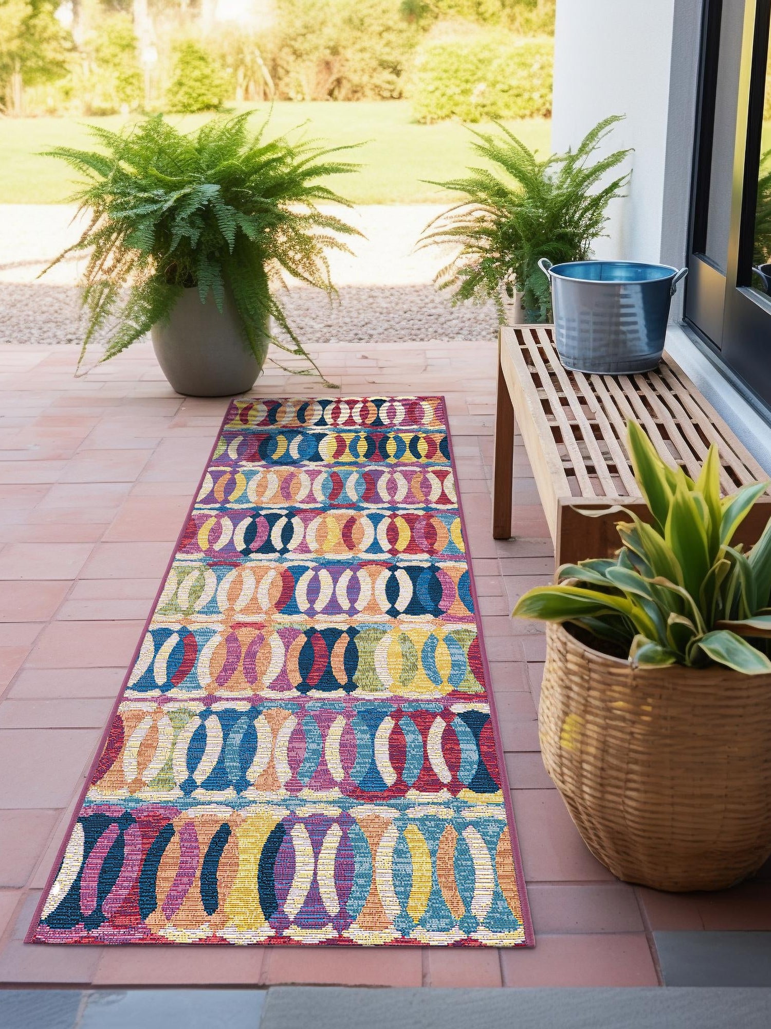 Multicolor 2' 7 x 10' Outdoor Modern Runner Area Rug Weather Resistant for Patio, Deck, Terrace, Balcony, Porch 100% Polypropylene Modern Outside Carpet for Sale at Rug Engine