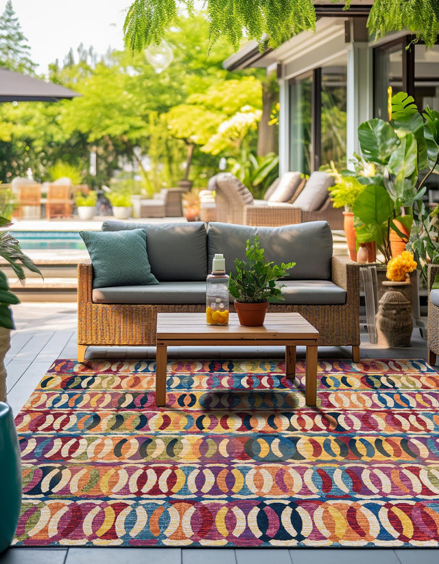Multicolor 10' x 10' Outdoor Modern Square Area Rug Weather Resistant for Patio, Deck, Terrace, Balcony, Porch 100% Polypropylene Modern Outside Carpet for Sale at Rug Engine