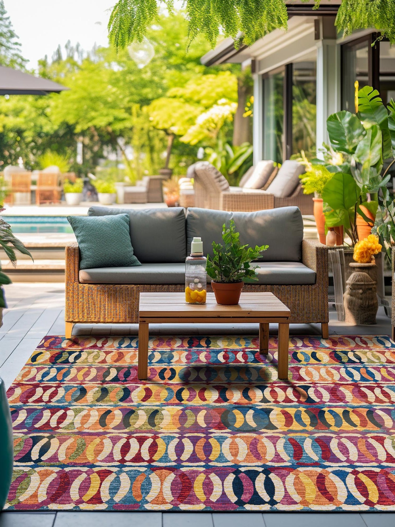 Multicolor 7' 10 x 7' 10 Outdoor Modern Square Area Rug Weather Resistant for Patio, Deck, Terrace, Balcony, Porch 100% Polypropylene Modern Outside Carpet for Sale at Rug Engine