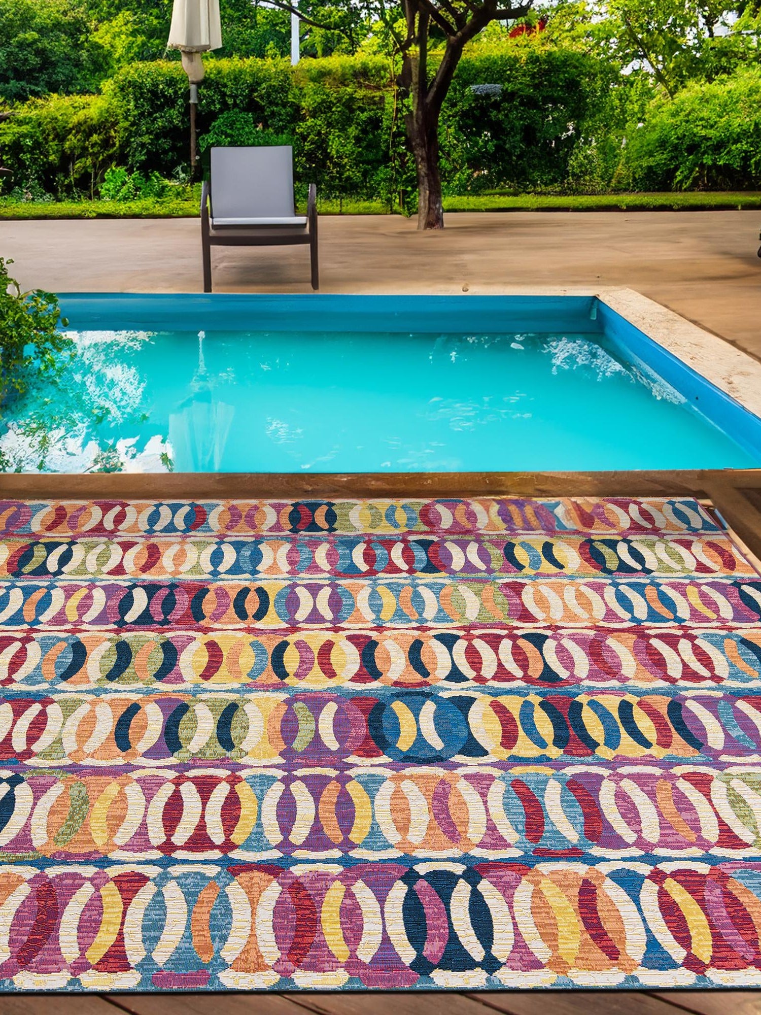 Multicolor 7' 10 x 7' 10 Outdoor Modern Square Area Rug Weather Resistant for Patio, Deck, Terrace, Balcony, Porch 100% Polypropylene Modern Outside Carpet for Sale at Rug Engine