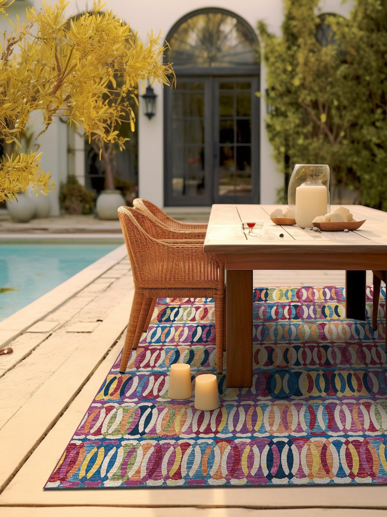 Multicolor 7' 10 x 7' 10 Outdoor Modern Square Area Rug Weather Resistant for Patio, Deck, Terrace, Balcony, Porch 100% Polypropylene Modern Outside Carpet for Sale at Rug Engine