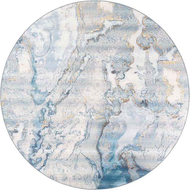 Blue and Ivory 10' x 10' Outdoor Modern Round Area Rug Weather Resistant for Patio, Deck, Terrace, Balcony, Porch 100% Polypropylene Modern Outside Carpet for Sale at Rug Engine