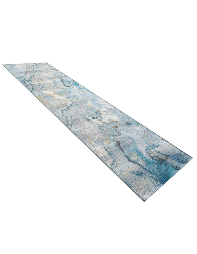 Blue and Ivory 2' 7 x 10' Outdoor Modern Runner Area Rug Weather Resistant for Patio, Deck, Terrace, Balcony, Porch 100% Polypropylene Modern Outside Carpet for Sale at Rug Engine