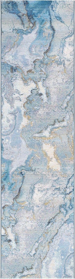 Blue and Ivory 2' 7 x 10' Outdoor Modern Runner Area Rug Weather Resistant for Patio, Deck, Terrace, Balcony, Porch 100% Polypropylene Modern Outside Carpet for Sale at Rug Engine