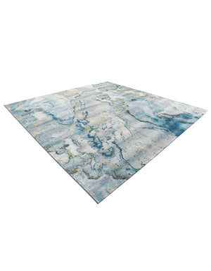 Blue and Ivory 10' x 10' Outdoor Modern Square Area Rug Weather Resistant for Patio, Deck, Terrace, Balcony, Porch 100% Polypropylene Modern Outside Carpet for Sale at Rug Engine