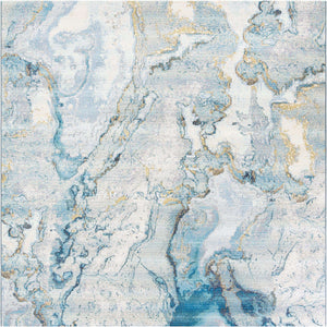 Blue and Ivory 10' x 10' Outdoor Modern Square Area Rug Weather Resistant for Patio, Deck, Terrace, Balcony, Porch 100% Polypropylene Modern Outside Carpet for Sale at Rug Engine