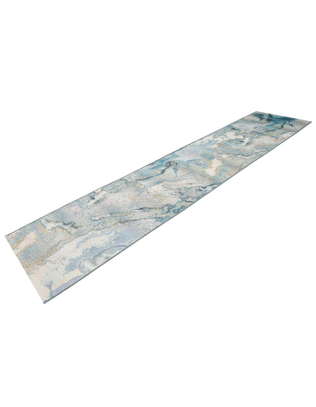 Blue and Ivory 2' 7 x 12' Outdoor Modern Runner Area Rug Weather Resistant for Patio, Deck, Terrace, Balcony, Porch 100% Polypropylene Modern Outside Carpet for Sale at Rug Engine