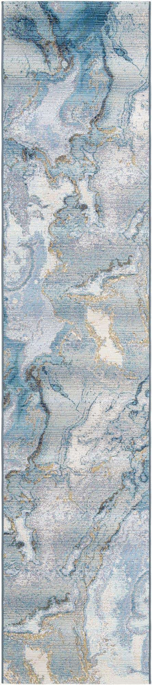 Blue and Ivory 2' 7 x 12' Outdoor Modern Runner Area Rug Weather Resistant for Patio, Deck, Terrace, Balcony, Porch 100% Polypropylene Modern Outside Carpet for Sale at Rug Engine