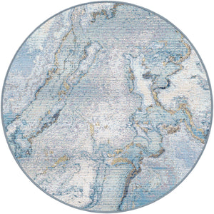 Blue and Ivory 3' 3 x 3' 3 Outdoor Modern Round Area Rug Weather Resistant for Patio, Deck, Terrace, Balcony, Porch 100% Polypropylene Modern Outside Carpet for Sale at Rug Engine