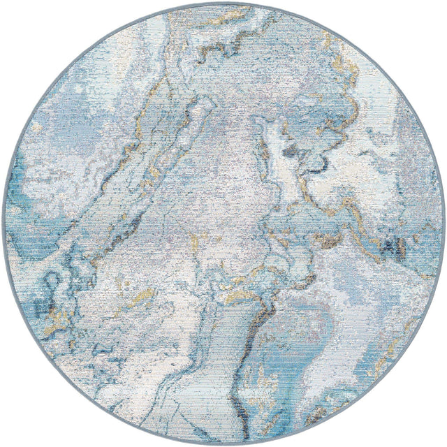 Blue and Ivory 4' 1 x 4' 1 Outdoor Modern Round Area Rug Weather Resistant for Patio, Deck, Terrace, Balcony, Porch 100% Polypropylene Modern Outside Carpet for Sale at Rug Engine