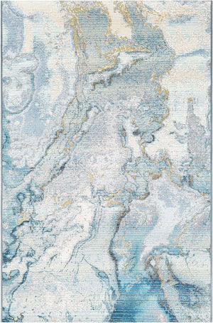 Blue and Ivory 4' 1 x 6' 1 Outdoor Modern Rectangle Area Rug Weather Resistant for Patio, Deck, Terrace, Balcony, Porch 100% Polypropylene Modern Outside Carpet for Sale at Rug Engine