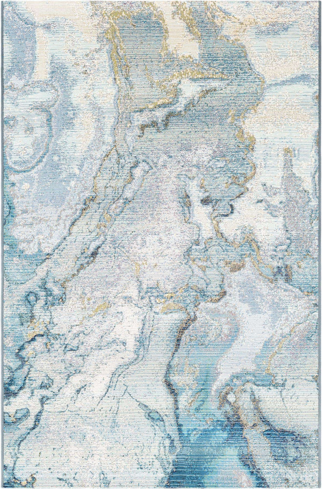 Blue and Ivory 4' 1 x 6' 1 Outdoor Modern Rectangle Area Rug Weather Resistant for Patio, Deck, Terrace, Balcony, Porch 100% Polypropylene Modern Outside Carpet for Sale at Rug Engine