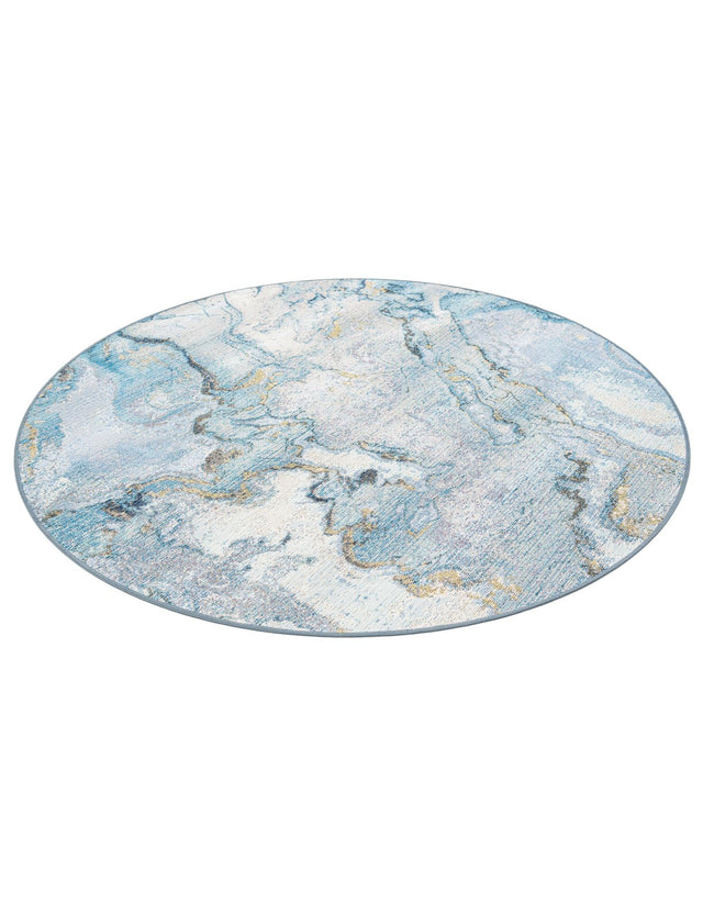 Blue and Ivory 5' 3 x 5' 3 Outdoor Modern Round Area Rug Weather Resistant for Patio, Deck, Terrace, Balcony, Porch 100% Polypropylene Modern Outside Carpet for Sale at Rug Engine