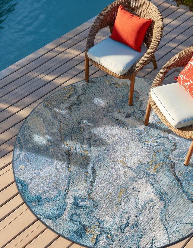 Blue and Ivory 10' x 10' Outdoor Modern Round Area Rug Weather Resistant for Patio, Deck, Terrace, Balcony, Porch 100% Polypropylene Modern Outside Carpet for Sale at Rug Engine