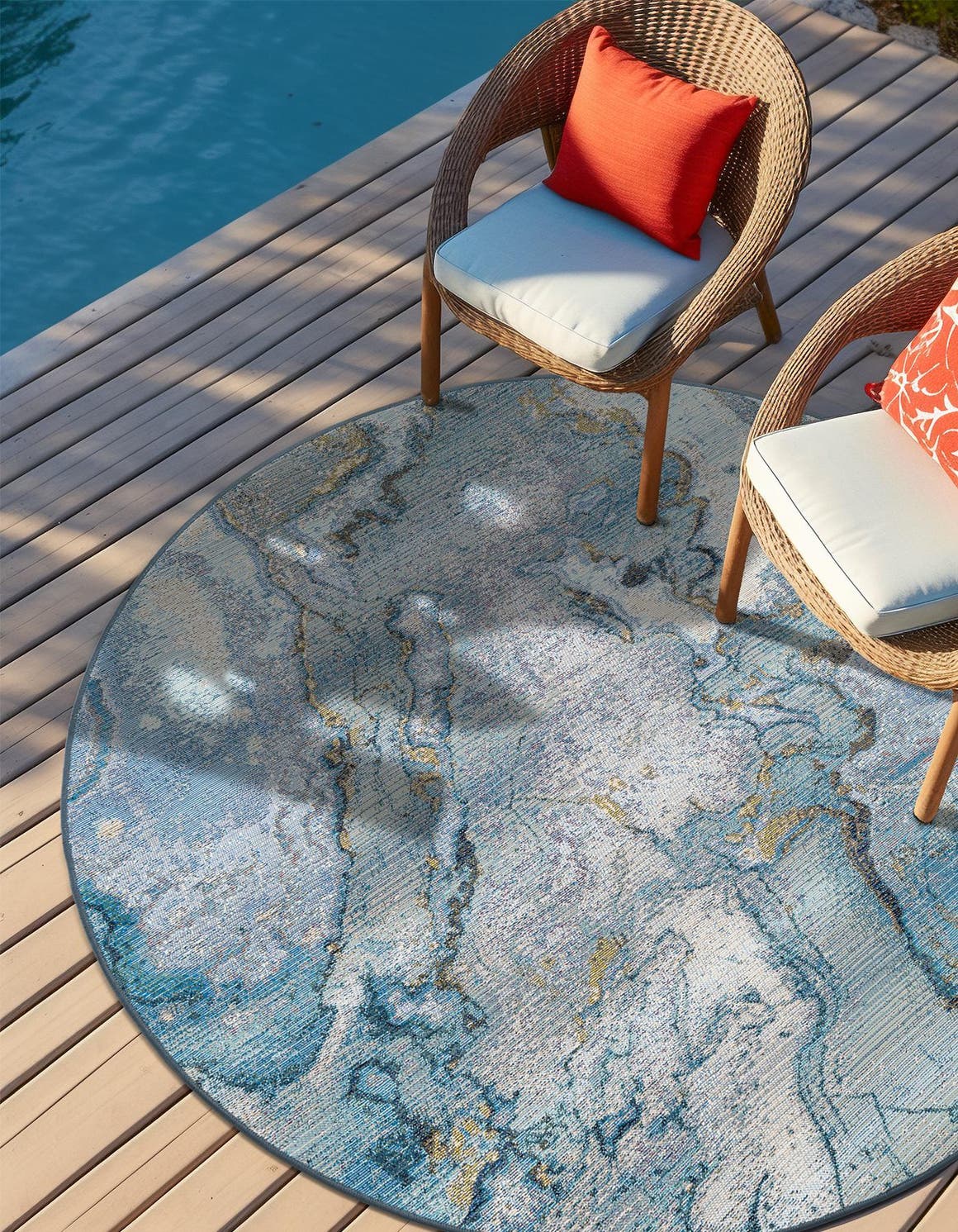 Blue and Ivory 7' 10 x 7' 10 Outdoor Modern Round Area Rug Weather Resistant for Patio, Deck, Terrace, Balcony, Porch 100% Polypropylene Modern Outside Carpet for Sale at Rug Engine