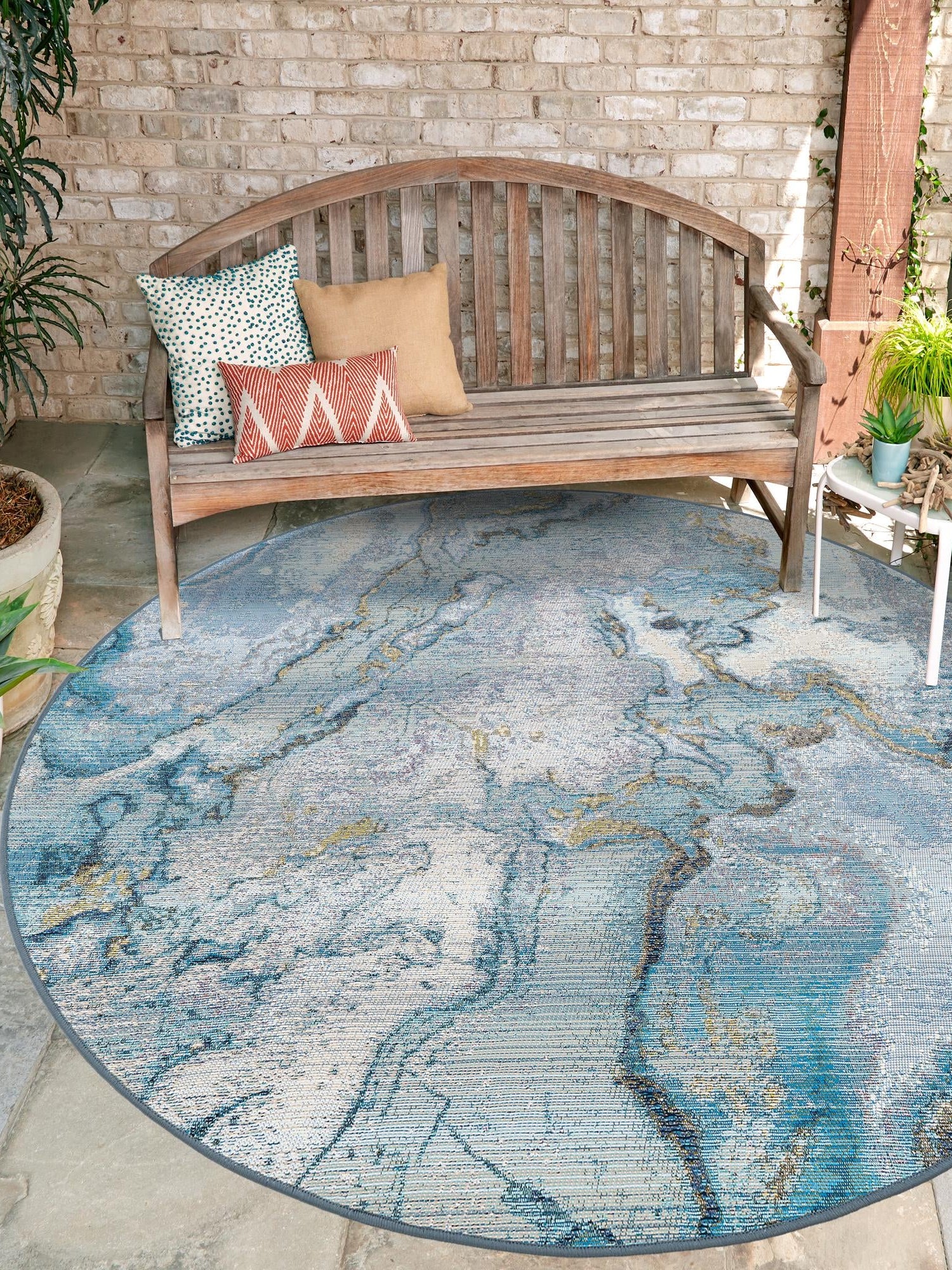 Blue and Ivory 7' 10 x 7' 10 Outdoor Modern Round Area Rug Weather Resistant for Patio, Deck, Terrace, Balcony, Porch 100% Polypropylene Modern Outside Carpet for Sale at Rug Engine