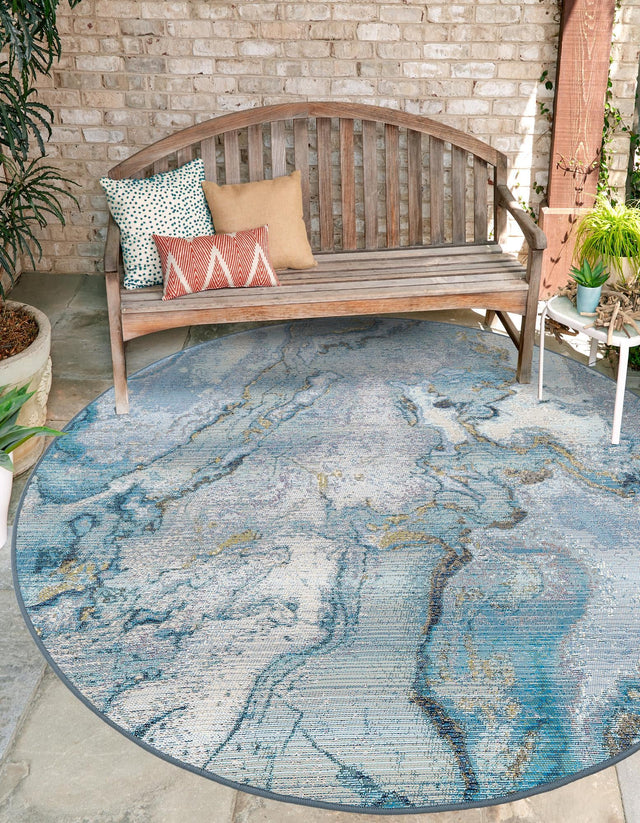 Blue and Ivory 3' 3 x 3' 3 Outdoor Modern Round Area Rug Weather Resistant for Patio, Deck, Terrace, Balcony, Porch 100% Polypropylene Modern Outside Carpet for Sale at Rug Engine