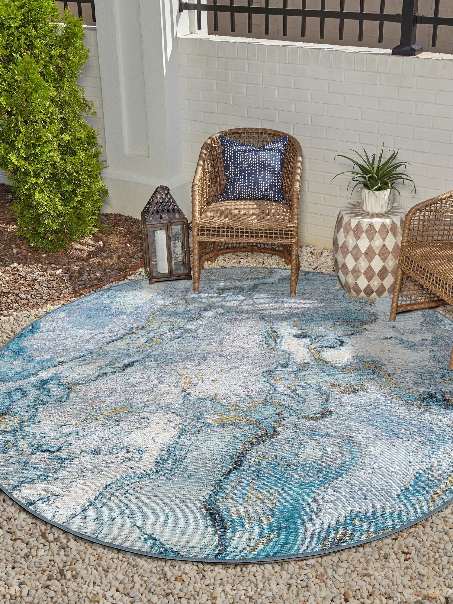 Blue and Ivory 7' 10 x 7' 10 Outdoor Modern Round Area Rug Weather Resistant for Patio, Deck, Terrace, Balcony, Porch 100% Polypropylene Modern Outside Carpet for Sale at Rug Engine