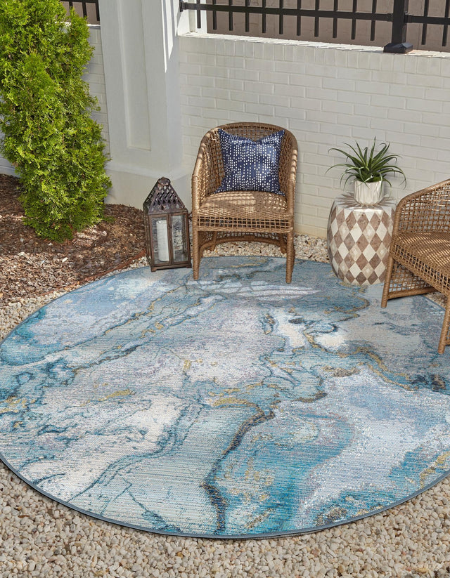 Blue and Ivory 7' 10 x 7' 10 Outdoor Modern Round Area Rug Weather Resistant for Patio, Deck, Terrace, Balcony, Porch 100% Polypropylene Modern Outside Carpet for Sale at Rug Engine