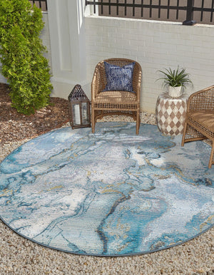 Blue and Ivory 4' 1 x 4' 1 Outdoor Modern Round Area Rug Weather Resistant for Patio, Deck, Terrace, Balcony, Porch 100% Polypropylene Modern Outside Carpet for Sale at Rug Engine