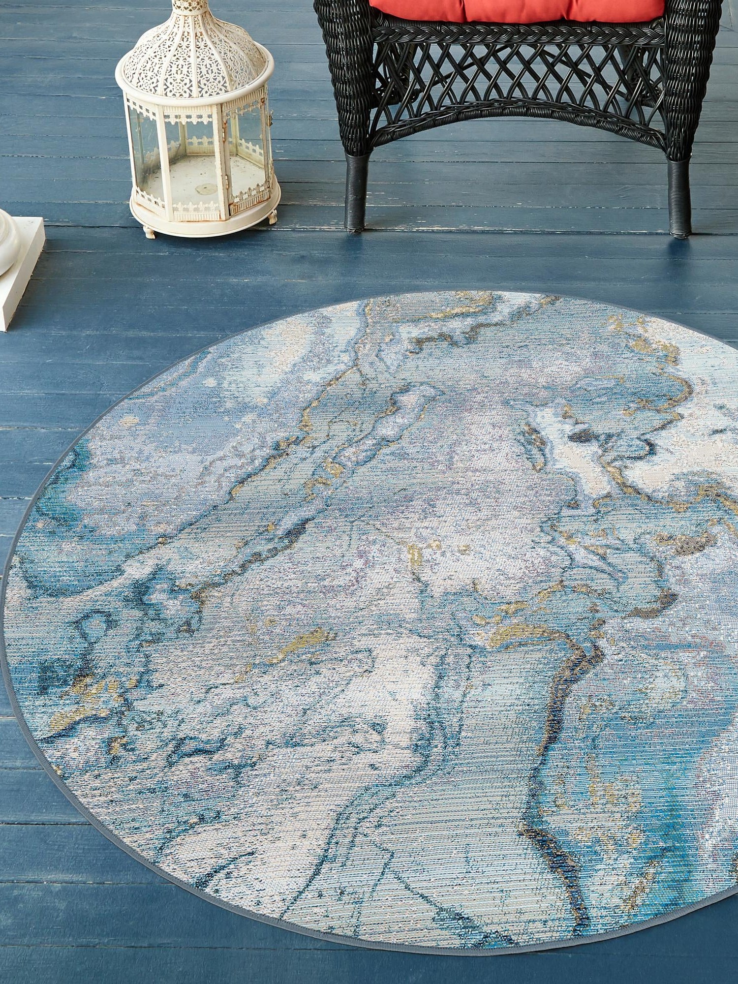 Blue and Ivory 7' 10 x 7' 10 Outdoor Modern Round Area Rug Weather Resistant for Patio, Deck, Terrace, Balcony, Porch 100% Polypropylene Modern Outside Carpet for Sale at Rug Engine