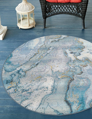 Blue and Ivory 10' x 10' Outdoor Modern Round Area Rug Weather Resistant for Patio, Deck, Terrace, Balcony, Porch 100% Polypropylene Modern Outside Carpet for Sale at Rug Engine