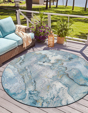 Blue and Ivory 5' 3 x 5' 3 Outdoor Modern Round Area Rug Weather Resistant for Patio, Deck, Terrace, Balcony, Porch 100% Polypropylene Modern Outside Carpet for Sale at Rug Engine