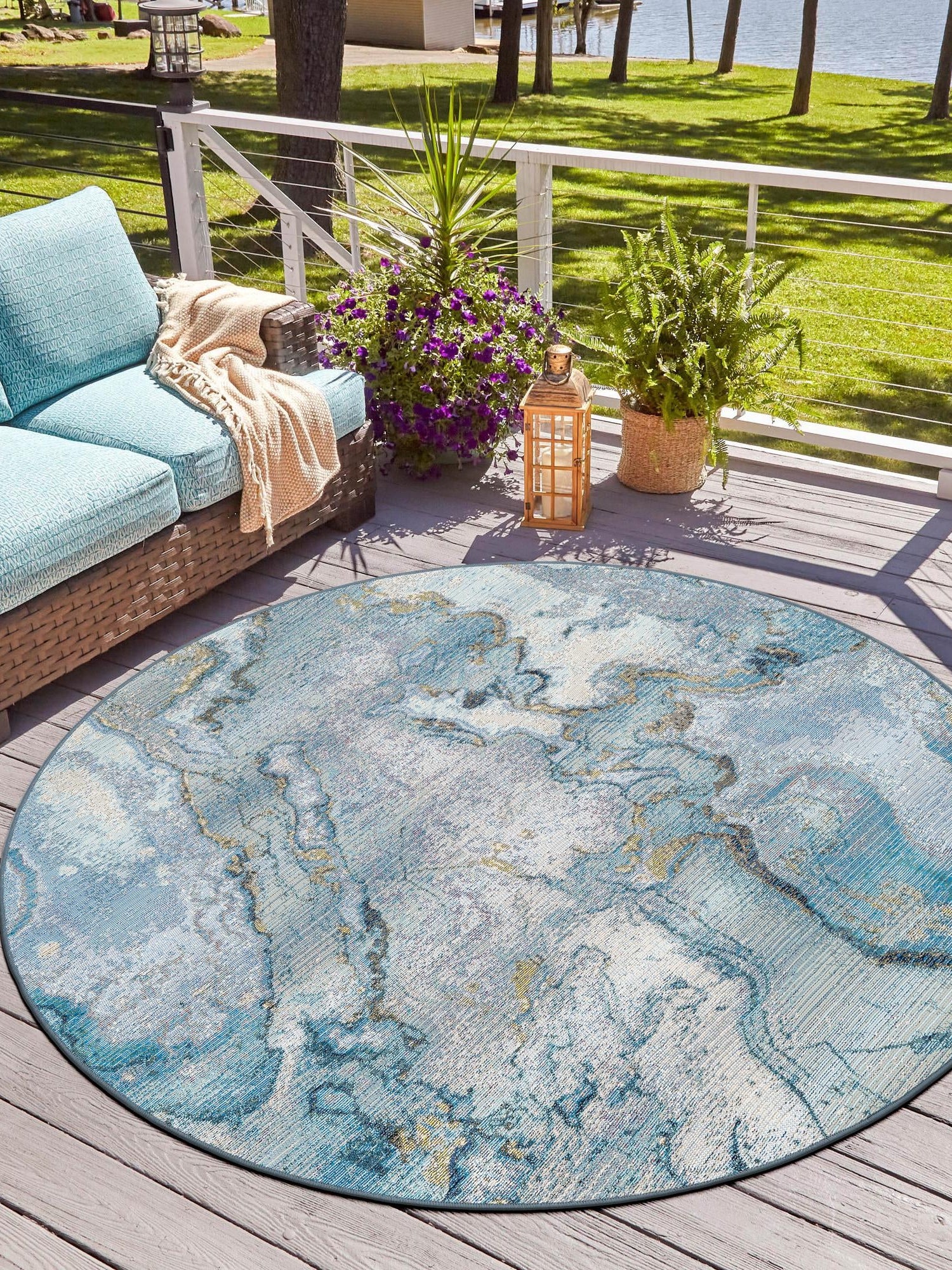Blue and Ivory 3' 3 x 3' 3 Outdoor Modern Round Area Rug Weather Resistant for Patio, Deck, Terrace, Balcony, Porch 100% Polypropylene Modern Outside Carpet for Sale at Rug Engine