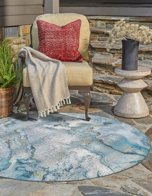 Blue and Ivory 7' 10 x 7' 10 Outdoor Modern Round Area Rug Weather Resistant for Patio, Deck, Terrace, Balcony, Porch 100% Polypropylene Modern Outside Carpet for Sale at Rug Engine