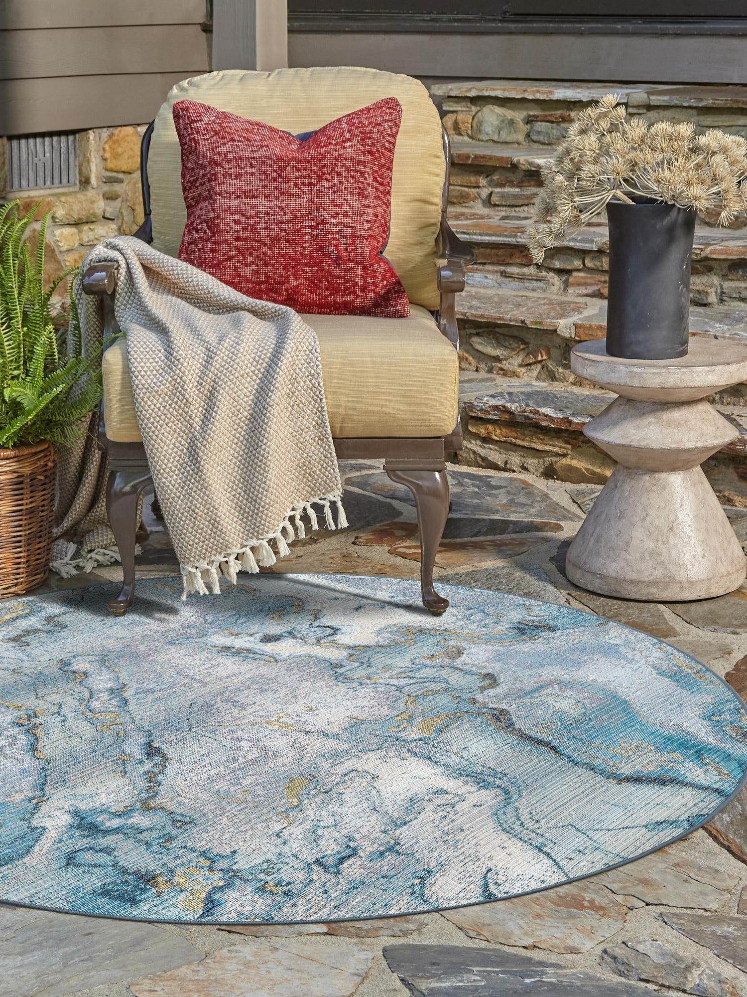 Blue and Ivory 4' 1 x 4' 1 Outdoor Modern Round Area Rug Weather Resistant for Patio, Deck, Terrace, Balcony, Porch 100% Polypropylene Modern Outside Carpet for Sale at Rug Engine