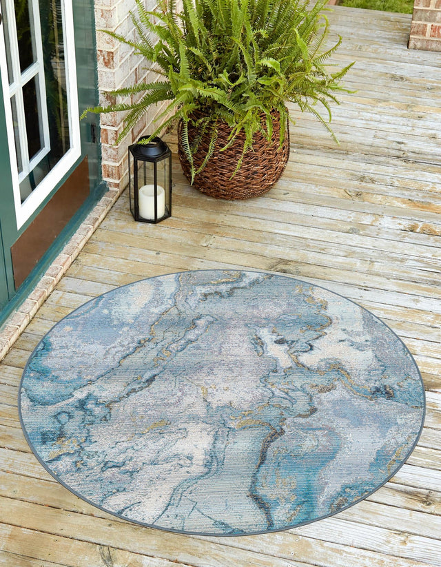 Blue and Ivory 5' 3 x 5' 3 Outdoor Modern Round Area Rug Weather Resistant for Patio, Deck, Terrace, Balcony, Porch 100% Polypropylene Modern Outside Carpet for Sale at Rug Engine