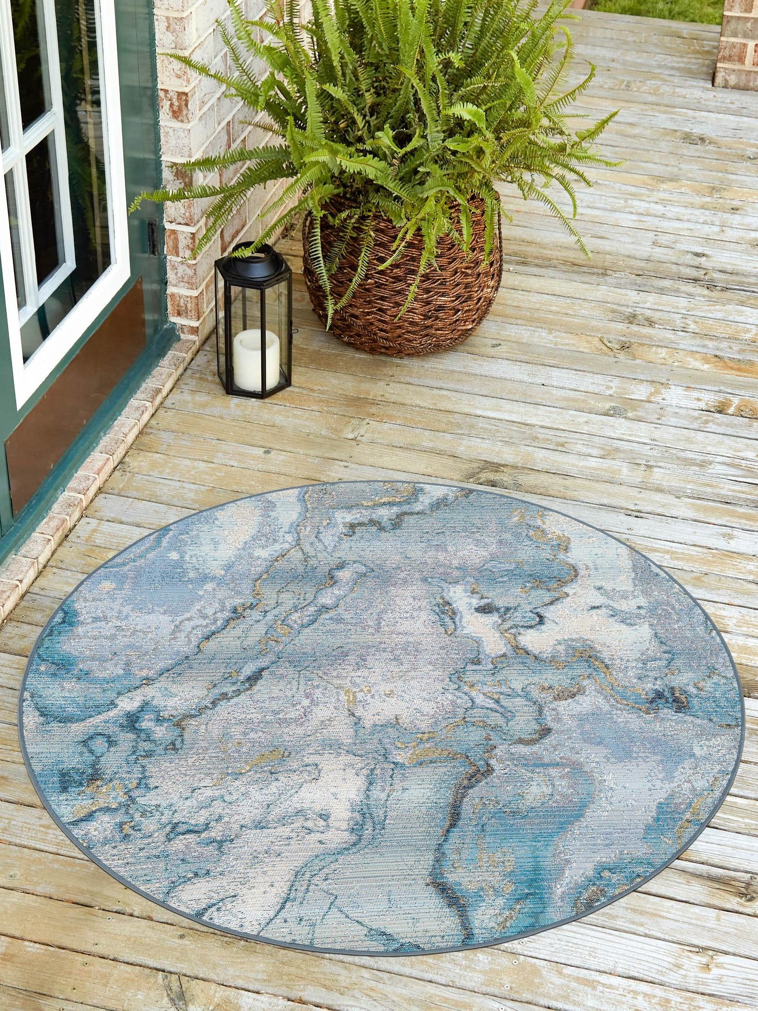 Blue and Ivory 7' 10 x 7' 10 Outdoor Modern Round Area Rug Weather Resistant for Patio, Deck, Terrace, Balcony, Porch 100% Polypropylene Modern Outside Carpet for Sale at Rug Engine