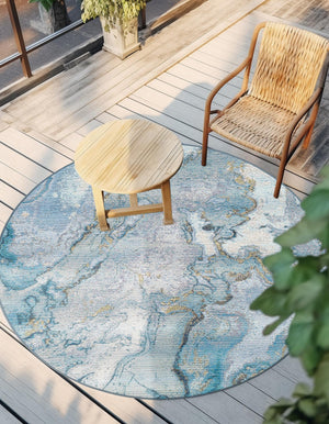 Blue and Ivory 5' 3 x 5' 3 Outdoor Modern Round Area Rug Weather Resistant for Patio, Deck, Terrace, Balcony, Porch 100% Polypropylene Modern Outside Carpet for Sale at Rug Engine