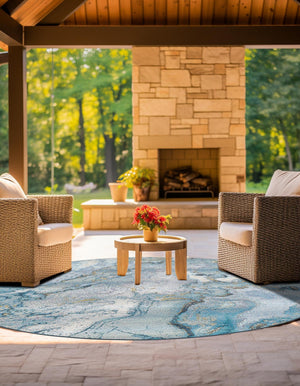 Blue and Ivory 5' 3 x 5' 3 Outdoor Modern Round Area Rug Weather Resistant for Patio, Deck, Terrace, Balcony, Porch 100% Polypropylene Modern Outside Carpet for Sale at Rug Engine