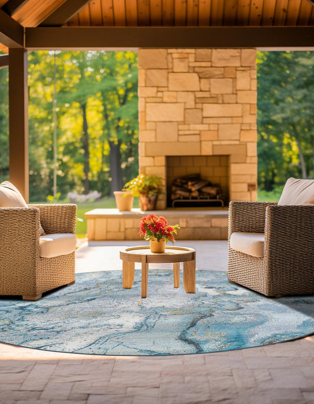 Blue and Ivory 5' 3 x 5' 3 Outdoor Modern Round Area Rug Weather Resistant for Patio, Deck, Terrace, Balcony, Porch 100% Polypropylene Modern Outside Carpet for Sale at Rug Engine