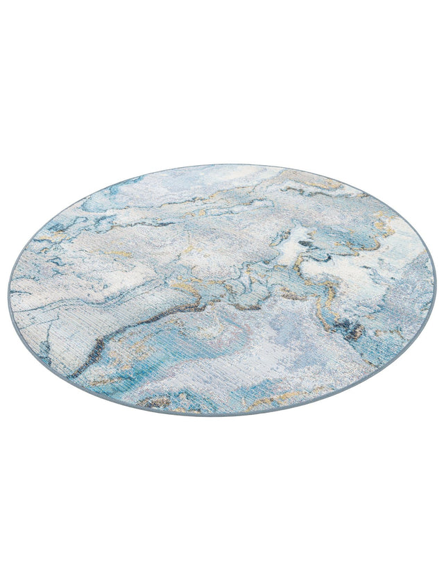 Blue and Ivory 5' 3 x 5' 3 Outdoor Modern Round Area Rug Weather Resistant for Patio, Deck, Terrace, Balcony, Porch 100% Polypropylene Modern Outside Carpet for Sale at Rug Engine