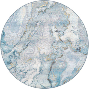 Blue and Ivory 5' 3 x 5' 3 Outdoor Modern Round Area Rug Weather Resistant for Patio, Deck, Terrace, Balcony, Porch 100% Polypropylene Modern Outside Carpet for Sale at Rug Engine