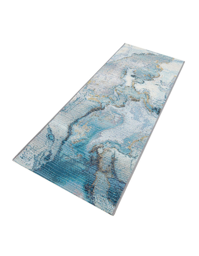 Blue and Ivory 2' x 5' 1 Outdoor Modern Runner Area Rug Weather Resistant for Patio, Deck, Terrace, Balcony, Porch 100% Polypropylene Modern Outside Carpet for Sale at Rug Engine