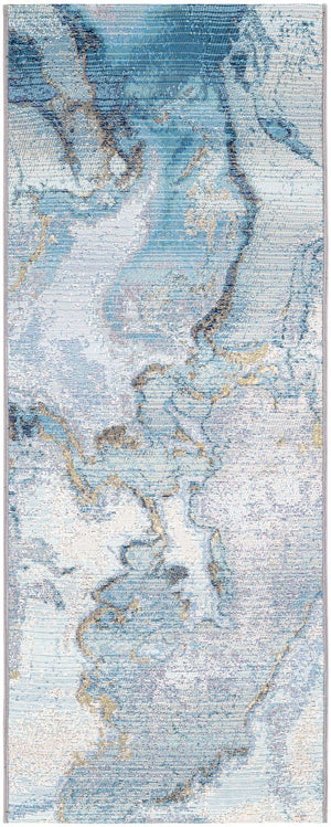 Blue and Ivory 2' x 5' 1 Outdoor Modern Runner Area Rug Weather Resistant for Patio, Deck, Terrace, Balcony, Porch 100% Polypropylene Modern Outside Carpet for Sale at Rug Engine
