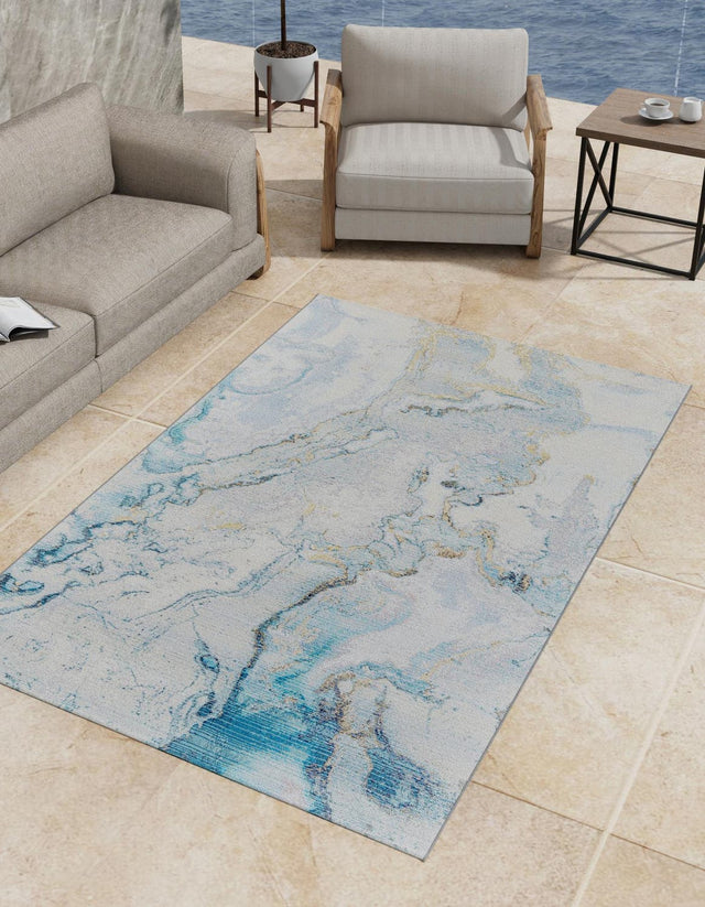 Blue and Ivory 2' x 3' 1 Outdoor Modern Rectangle Area Rug Weather Resistant for Patio, Deck, Terrace, Balcony, Porch 100% Polypropylene Modern Outside Carpet for Sale at Rug Engine