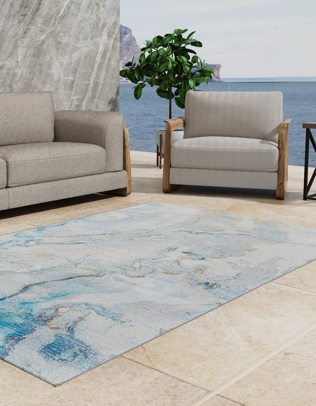 Blue and Ivory 2' x 3' 1 Outdoor Modern Rectangle Area Rug Weather Resistant for Patio, Deck, Terrace, Balcony, Porch 100% Polypropylene Modern Outside Carpet for Sale at Rug Engine