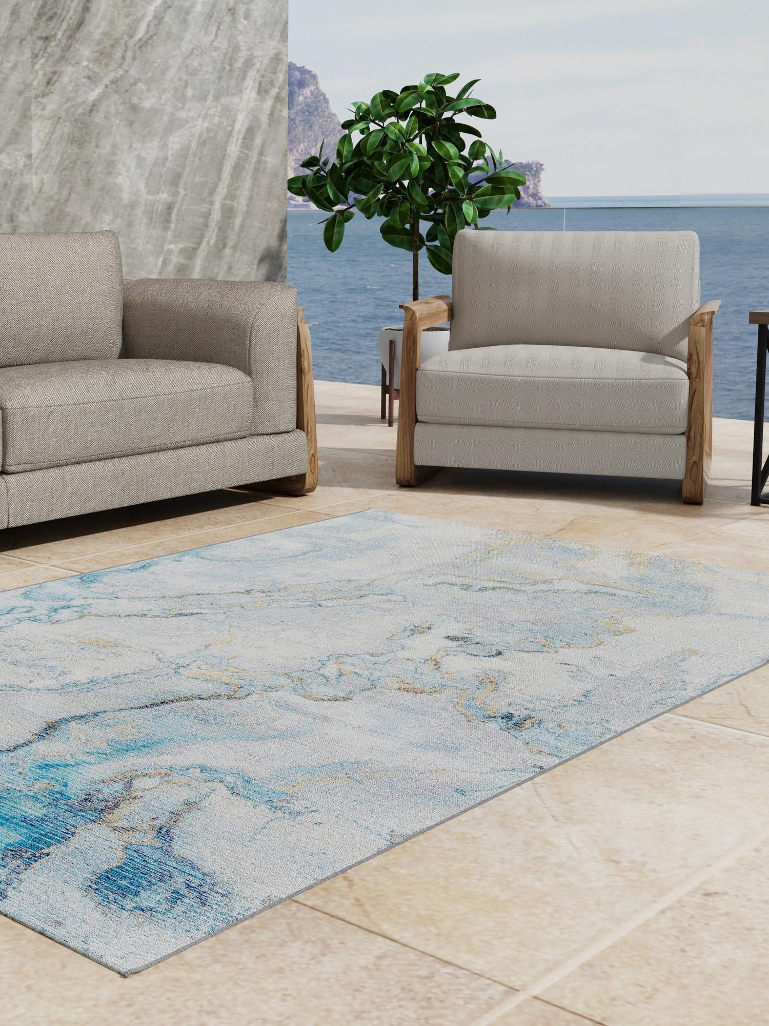 Blue and Ivory 6' 1 x 9' Outdoor Modern Rectangle Area Rug Weather Resistant for Patio, Deck, Terrace, Balcony, Porch 100% Polypropylene Modern Outside Carpet for Sale at Rug Engine