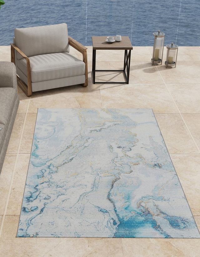 Blue and Ivory 9' x 12' Outdoor Modern Rectangle Area Rug Weather Resistant for Patio, Deck, Terrace, Balcony, Porch 100% Polypropylene Modern Outside Carpet for Sale at Rug Engine