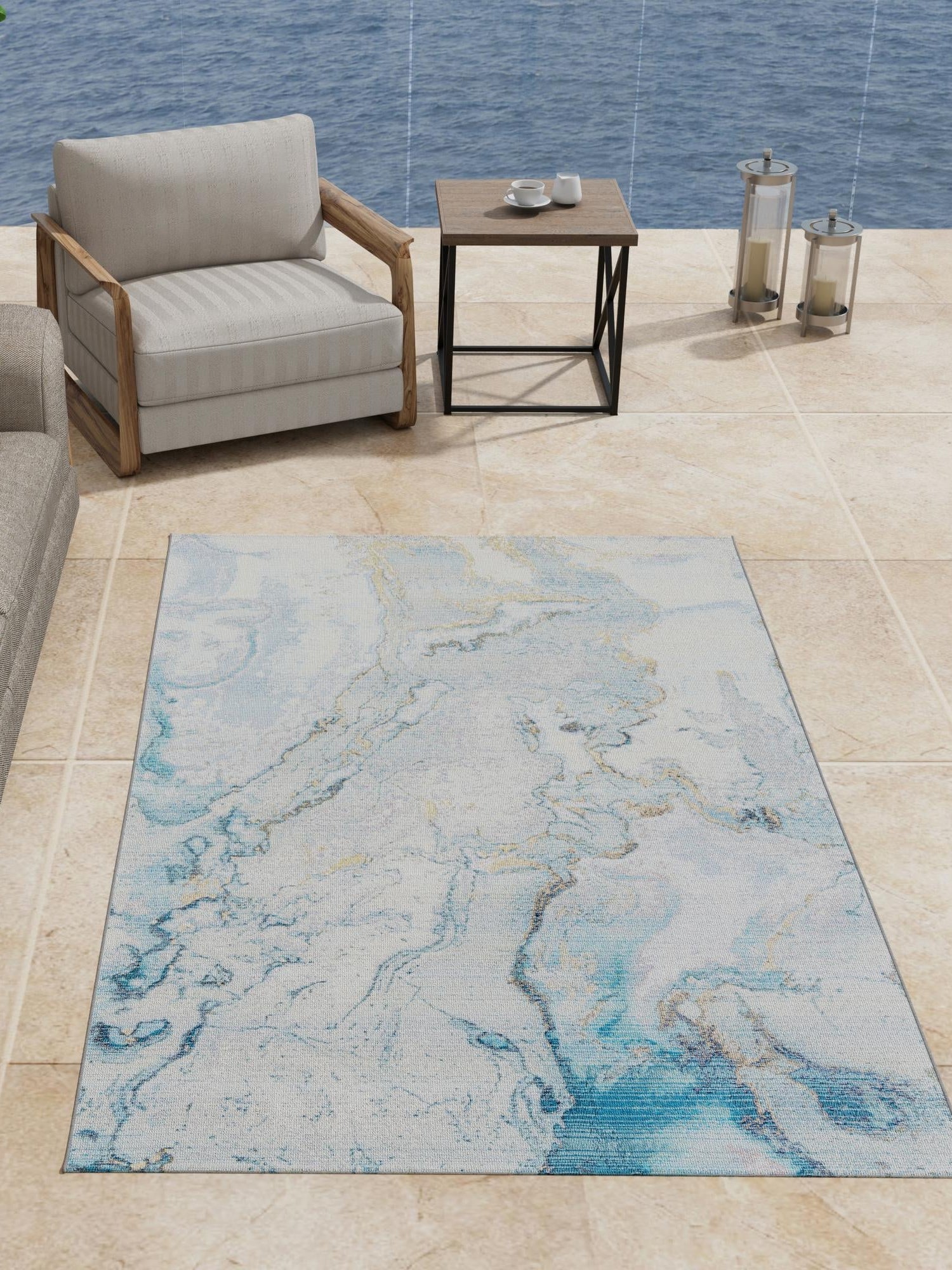 Blue and Ivory 10' x 14' 1 Outdoor Modern Rectangle Area Rug Weather Resistant for Patio, Deck, Terrace, Balcony, Porch 100% Polypropylene Modern Outside Carpet for Sale at Rug Engine