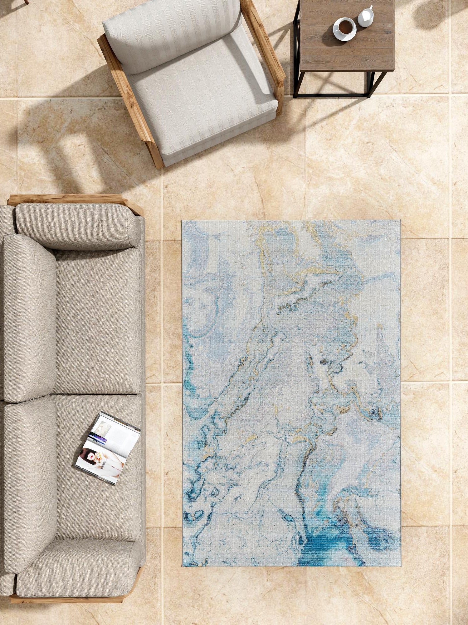 Blue and Ivory 7' 10 x 10' Outdoor Modern Rectangle Area Rug Weather Resistant for Patio, Deck, Terrace, Balcony, Porch 100% Polypropylene Modern Outside Carpet for Sale at Rug Engine