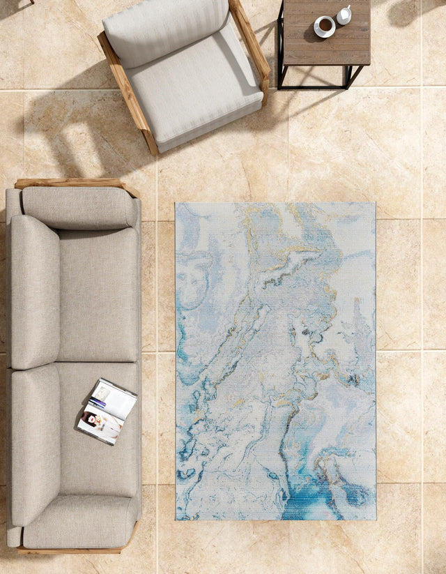 Blue and Ivory 7' 10 x 10' Outdoor Modern Rectangle Area Rug Weather Resistant for Patio, Deck, Terrace, Balcony, Porch 100% Polypropylene Modern Outside Carpet for Sale at Rug Engine