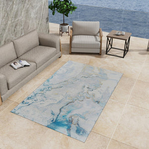 Blue and Ivory 7' 10 x 10' Outdoor Modern Rectangle Area Rug Weather Resistant for Patio, Deck, Terrace, Balcony, Porch 100% Polypropylene Modern Outside Carpet for Sale at Rug Engine